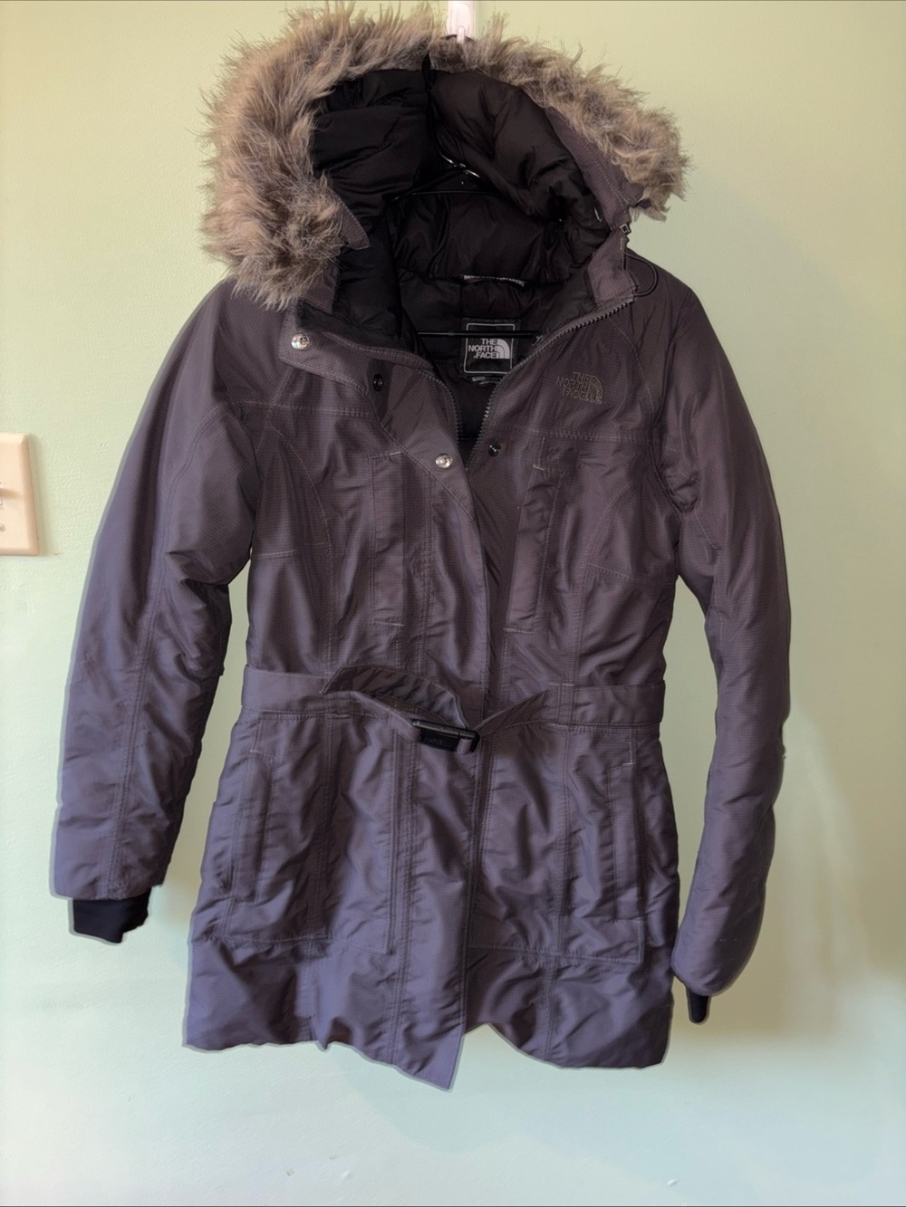 The North Face HyVent Parka Coat Womens S Dark Plum Gray Belted Jacket Down Gorp